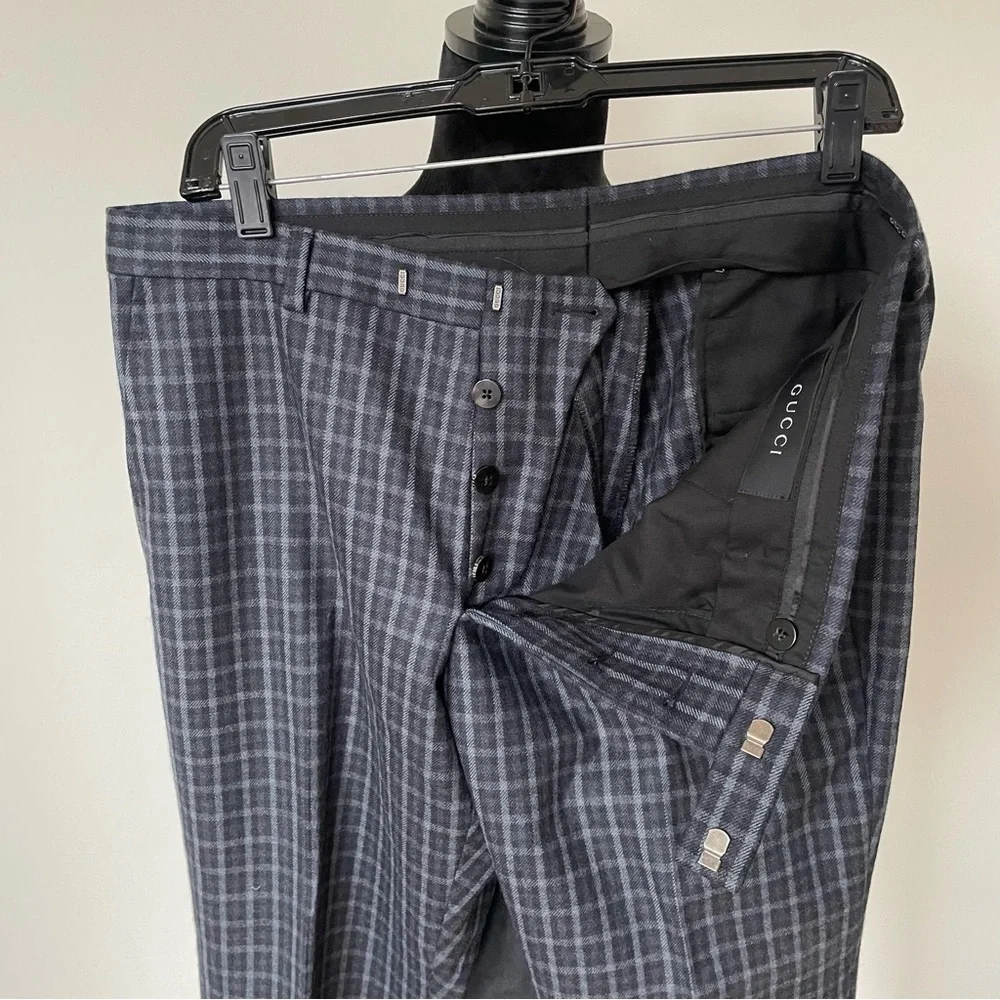 Gucci Men’s Blue Black Gray Check Plaid Wool Trouser Pants EUC Size 48R